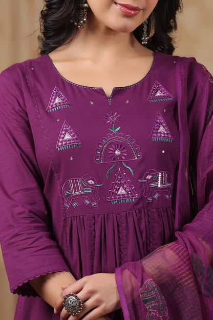 Hiya Sangria Embroidered Cotton Suit Set