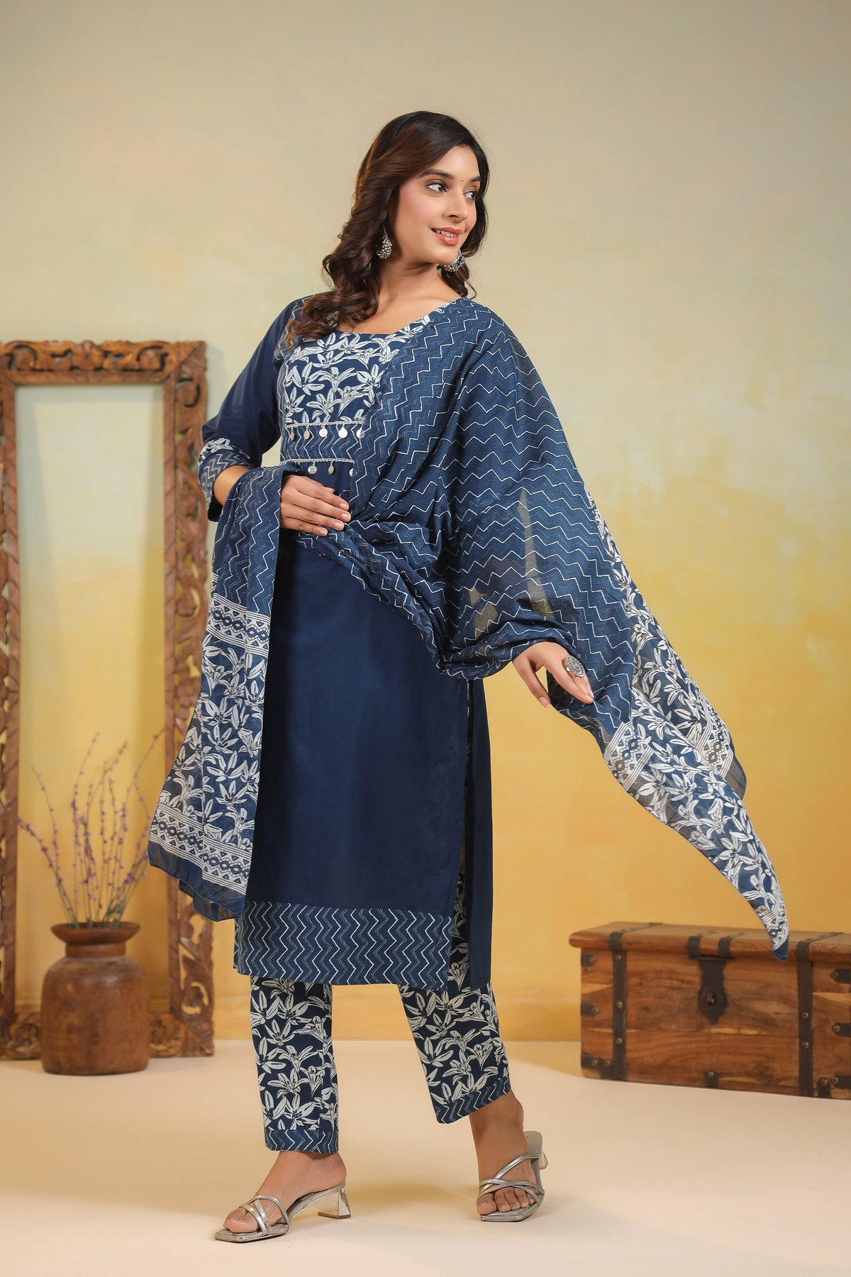 ARANYA INDIGO IKAT PRINT PURE COTTON SUIT SET