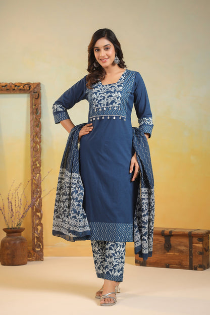 ARANYA INDIGO IKAT PRINT PURE COTTON SUIT SET