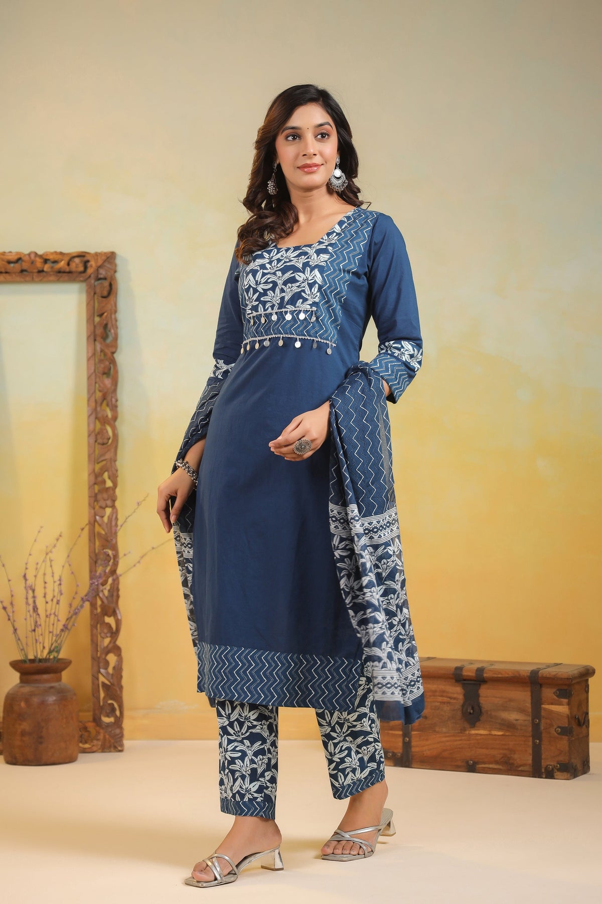 ARANYA INDIGO IKAT PRINT PURE COTTON SUIT SET