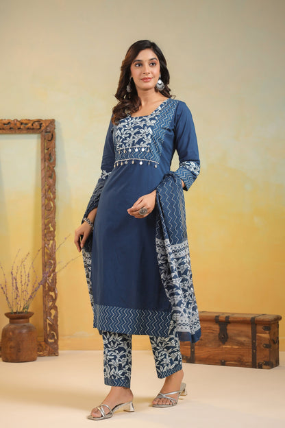 ARANYA INDIGO IKAT PRINT PURE COTTON SUIT SET