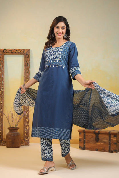 ARANYA INDIGO IKAT PRINT PURE COTTON SUIT SET