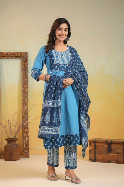Kashwini Aqua Printed Cotton Suit Set