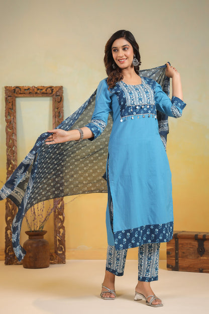 Kashwini Aqua Printed Cotton Suit Set
