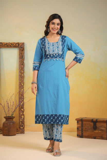 Kashwini Aqua Printed Cotton Suit Set