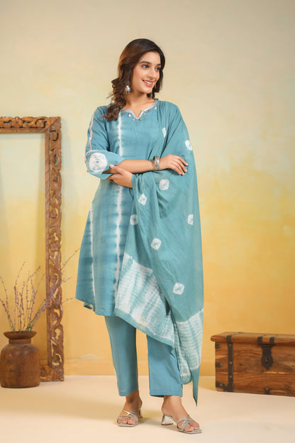 SANA TEAL Shibori COTTON SUIT SET