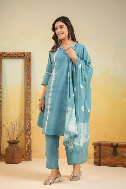 SANA TEAL Shibori COTTON SUIT SET