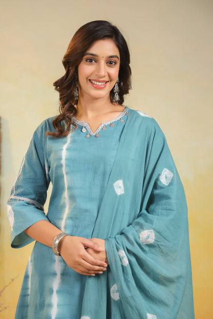 SANA TEAL Shibori COTTON SUIT SET