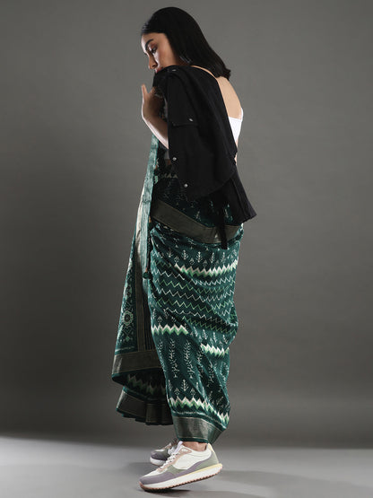 Women's Silk Blend Dark Green Woven Design Designer Saree With Blouse Piece
