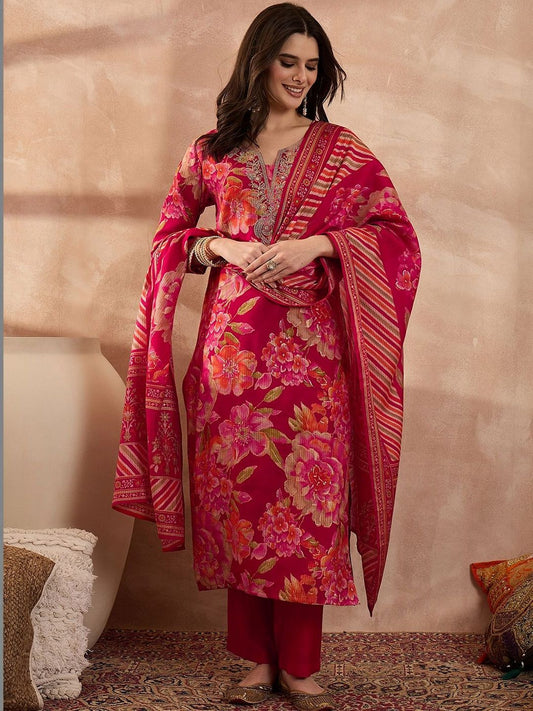 Dhiyona KL Women Floral Printed Regular Thread Work Kurta with Trousers & With Dupatta