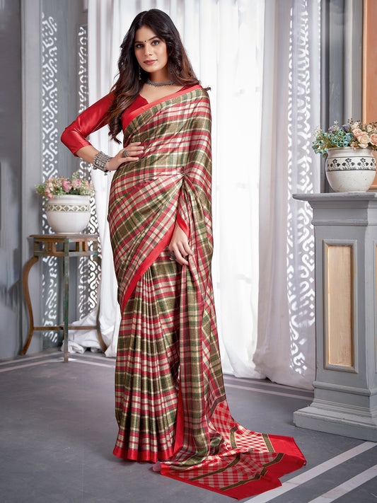 Women's Crepe Olive Digital Print Designer Saree With Blouse Piece