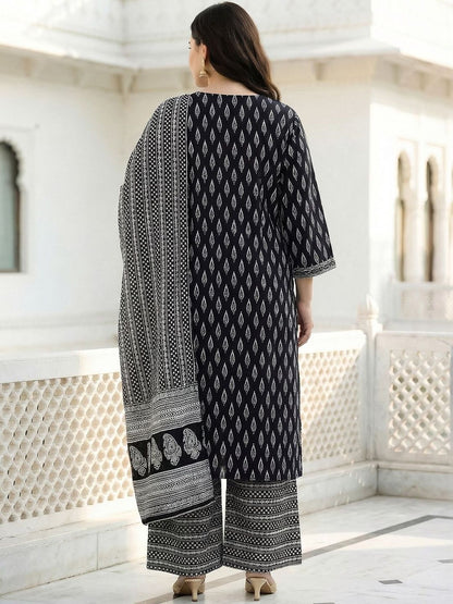 Dhiyona Women's Ethnic Motifs Printed Regular Pure Cotton Kurta with Palazzos & With Dupatta