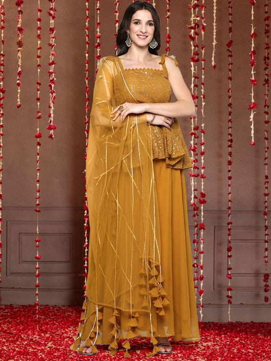 Dhiyona SN Floral Embroidered Shoulder Straps Sequinned Georgette Top & Palazzo With Dupatta