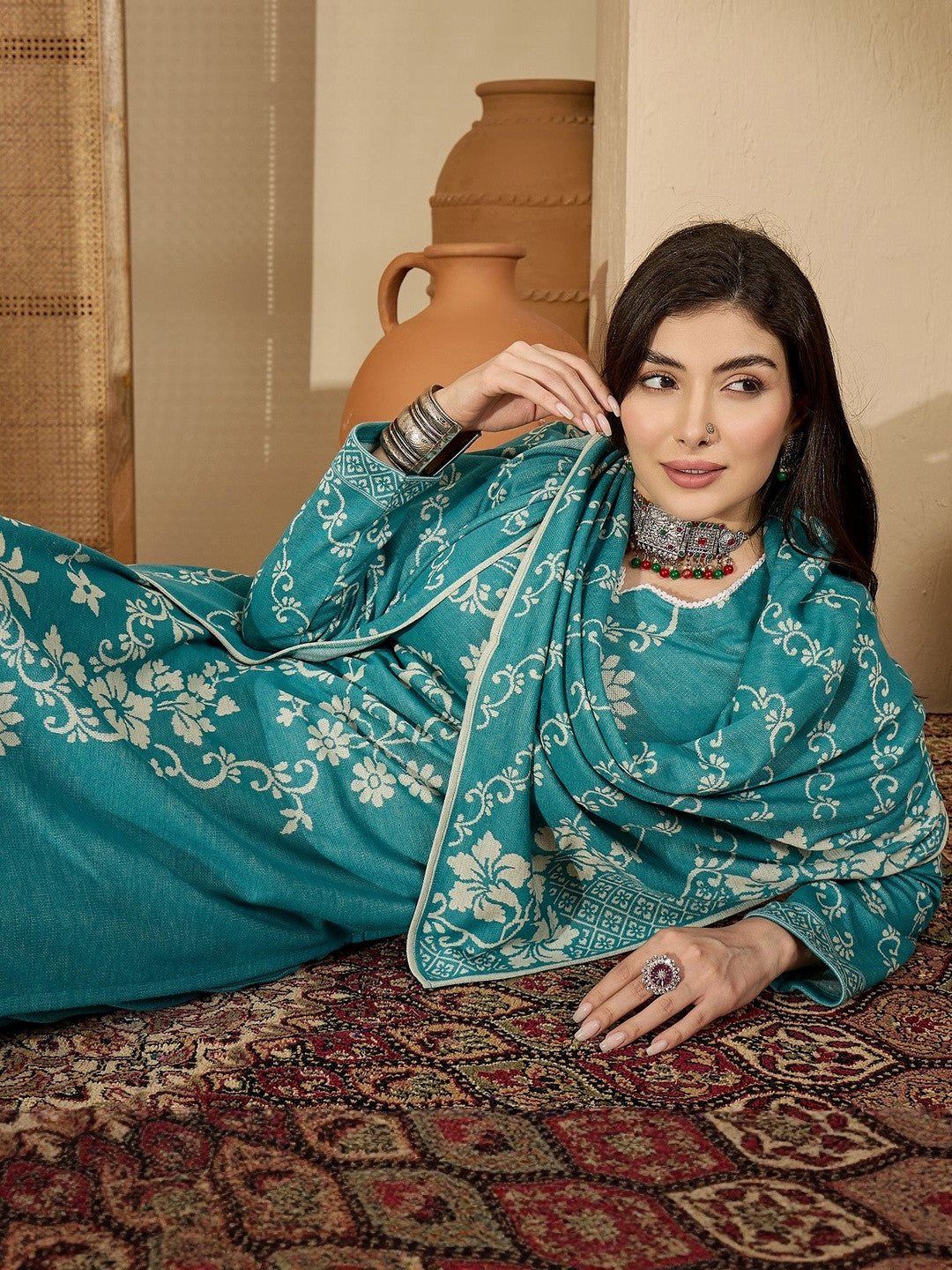 Women Winter Floral Woven Design Straight Kurta With Trousers & Dupatta