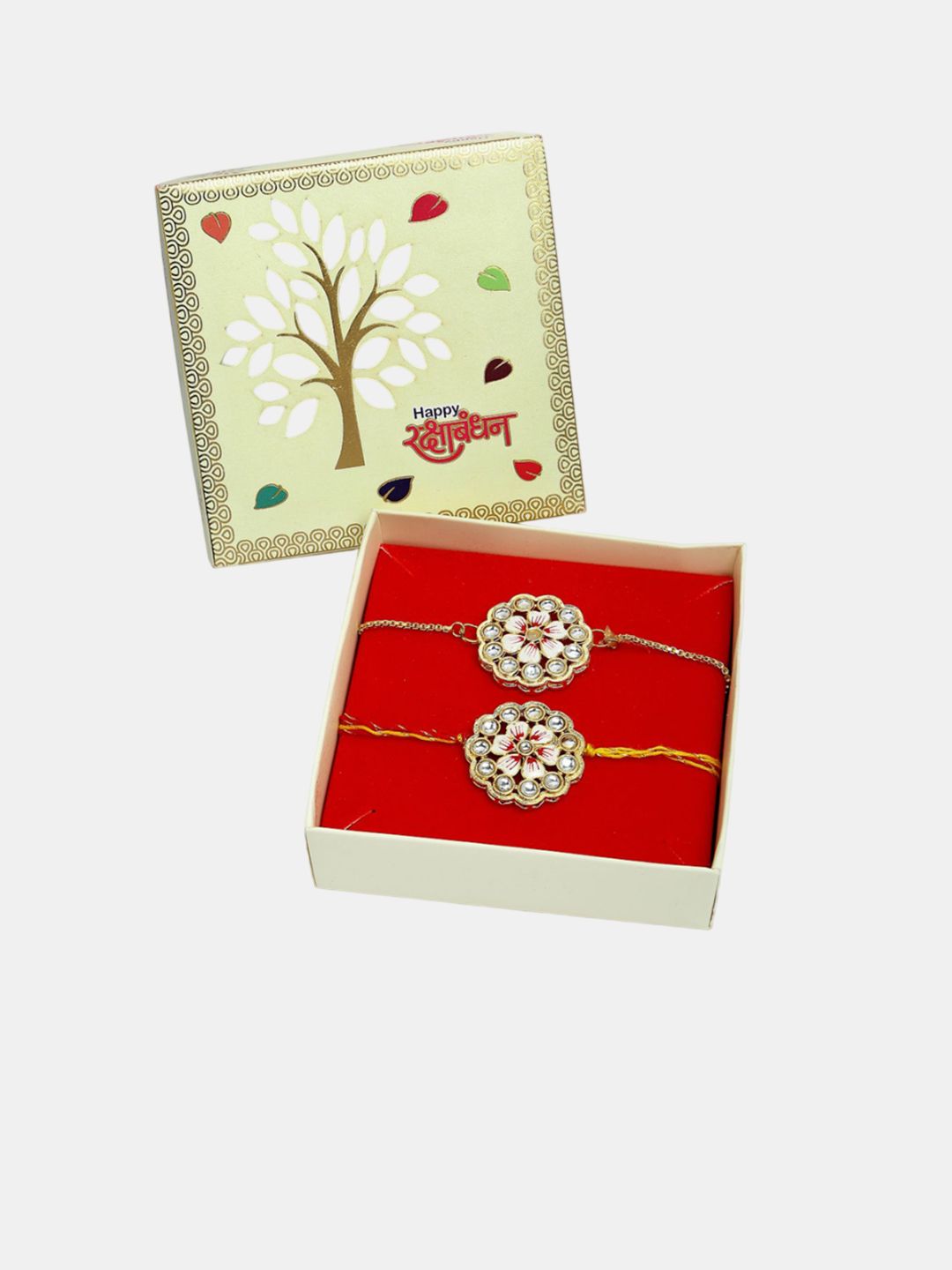 Dhiyona Kundan Studded & Beaded Floral Bhaiya Bhabhi Rakhi With Roli