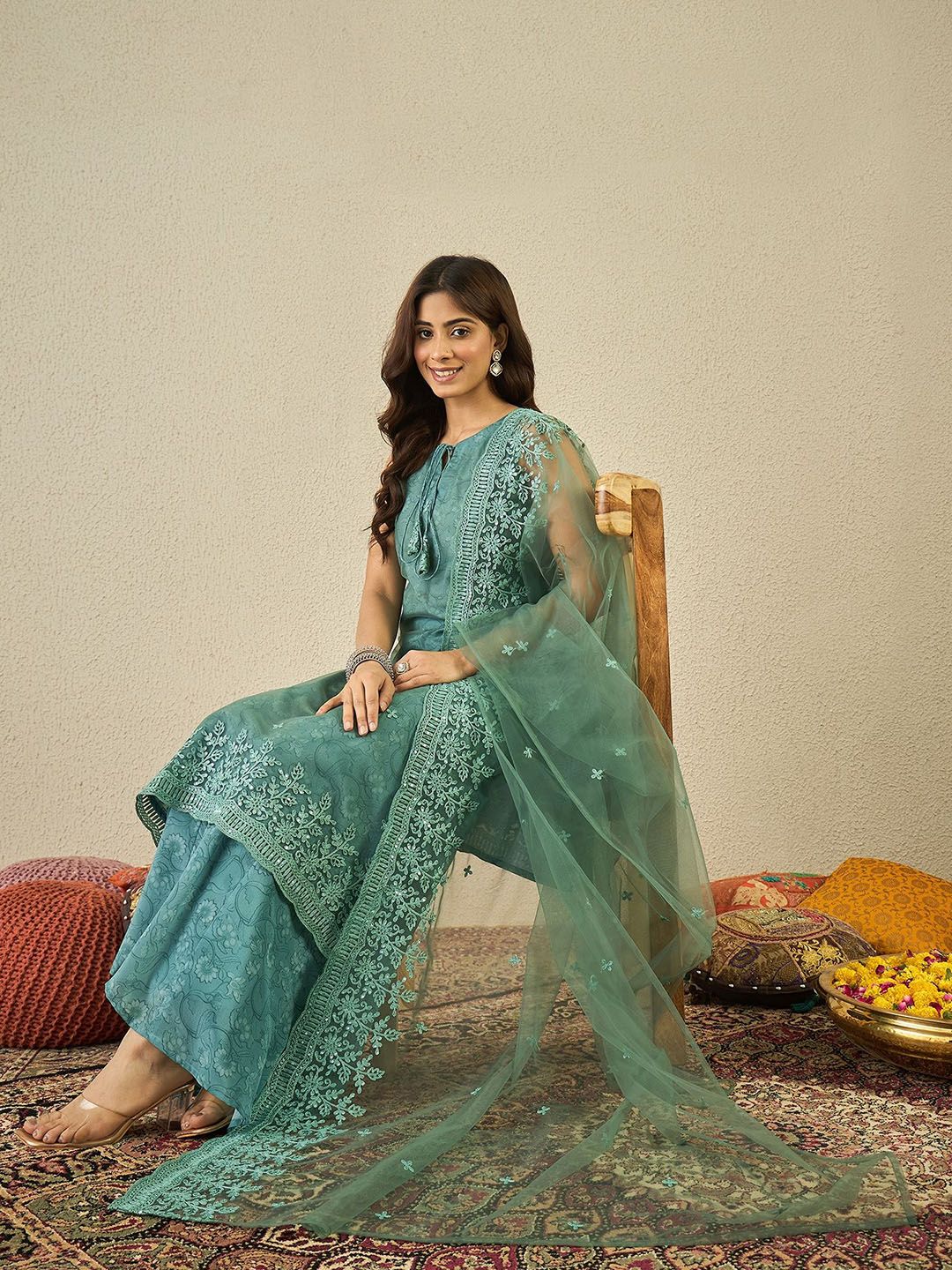 Dhiyona IN Women Floral Embroidered Kurta with Sharara & Dupatta