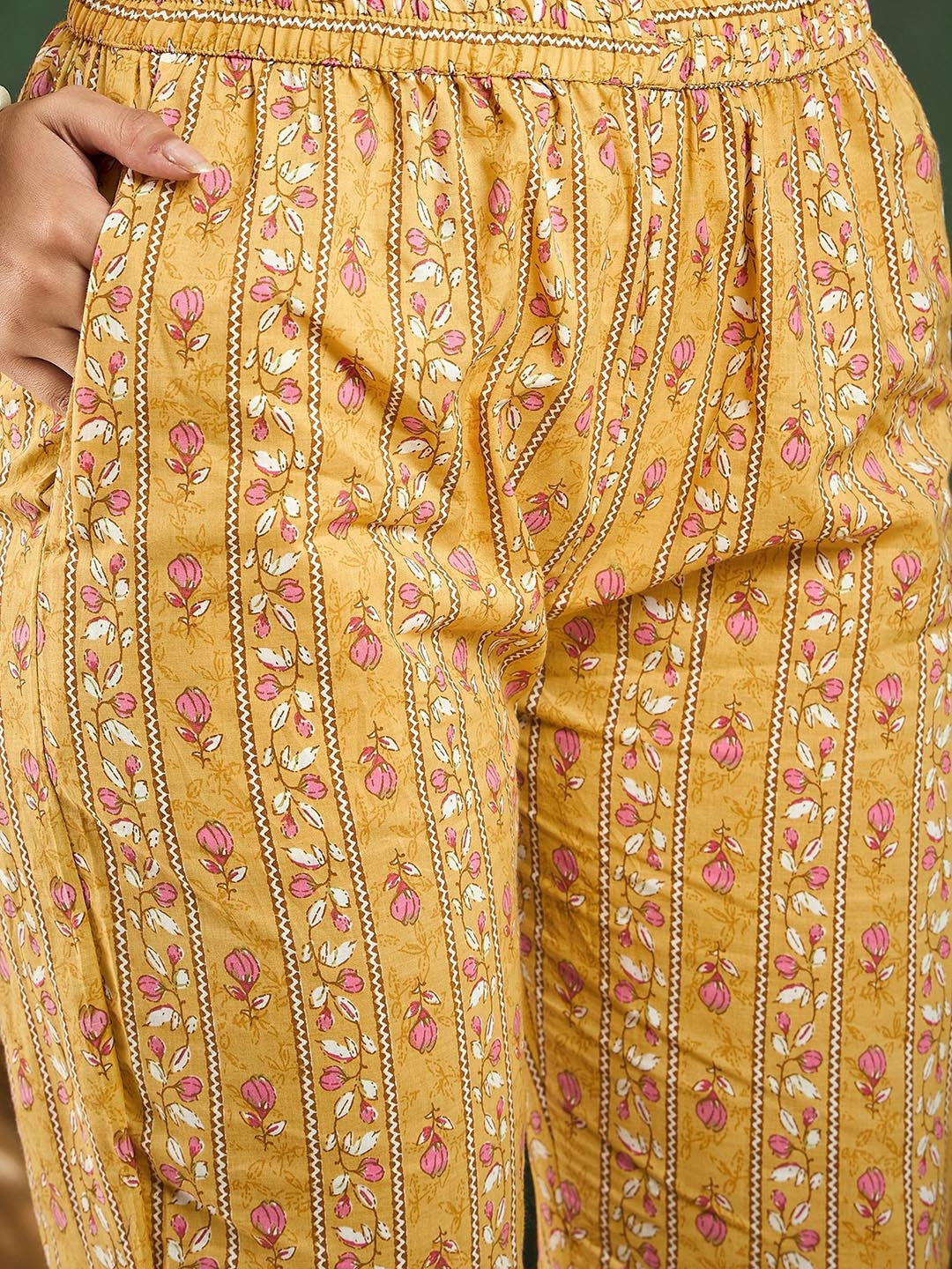 Printed & Thread Work Pure Cotton Kurta With Trousers & Dupatta Set
