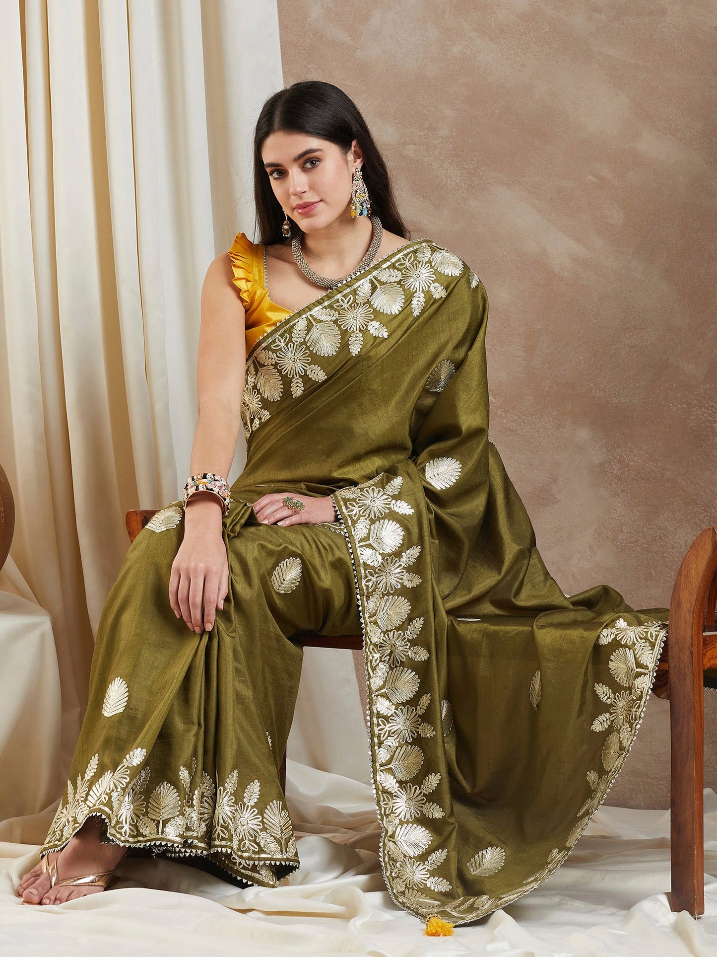 Women's Dola Silk Olive Embroidered Designer Saree With Blouse Piece