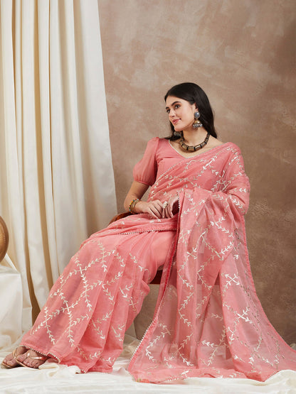 Women's Georgette Peach Embroidered Designer Saree With Blouse Piece