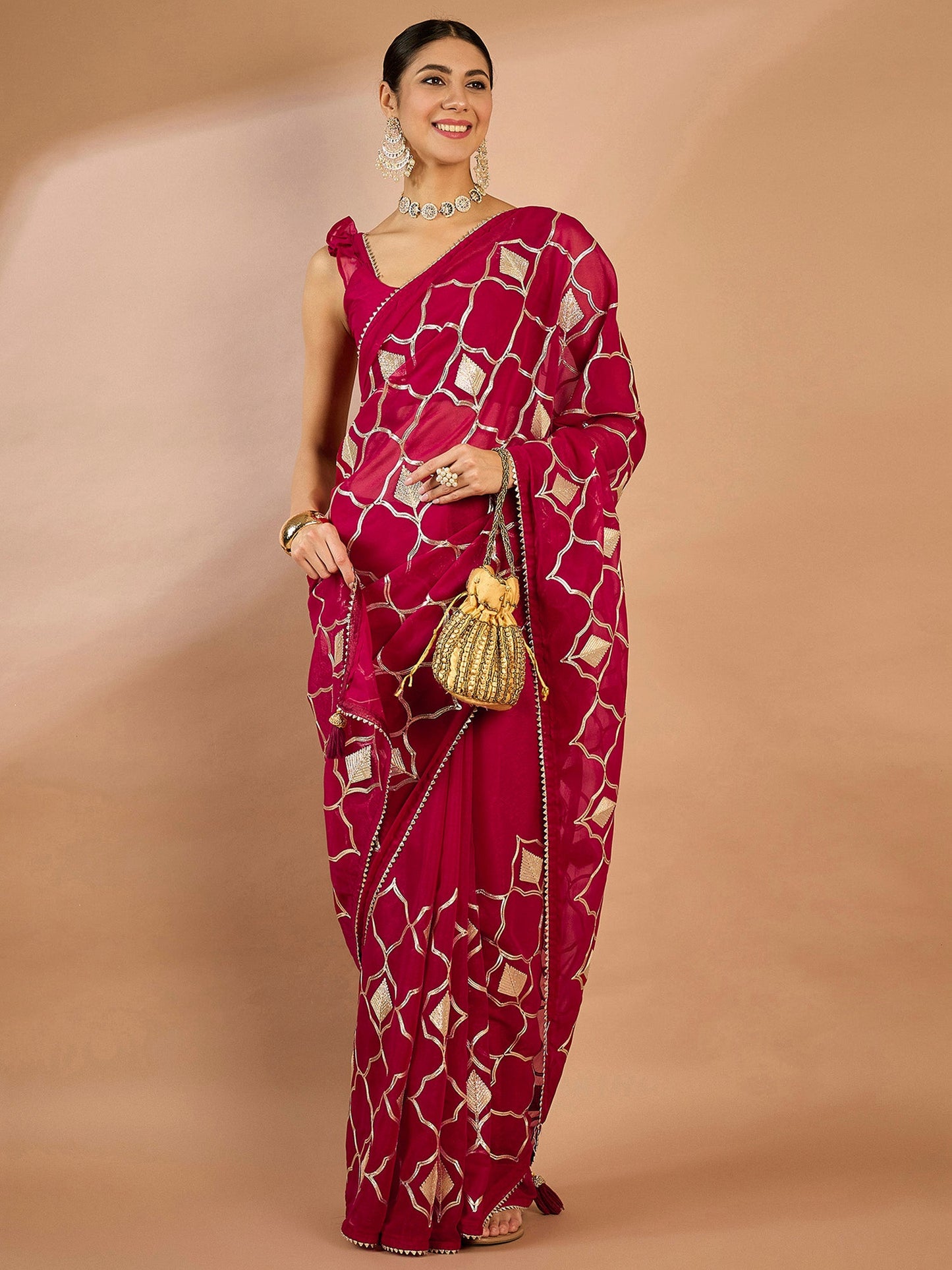 Women's Georgette Pink Embellished Designer Saree With Blouse Piece