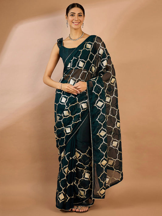 Women's Georgette Teal blue Embellished Designer Saree With Blouse Piece