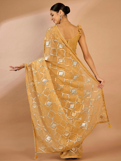 Women's Georgette Beige Embellished Designer Saree With Blouse Piece