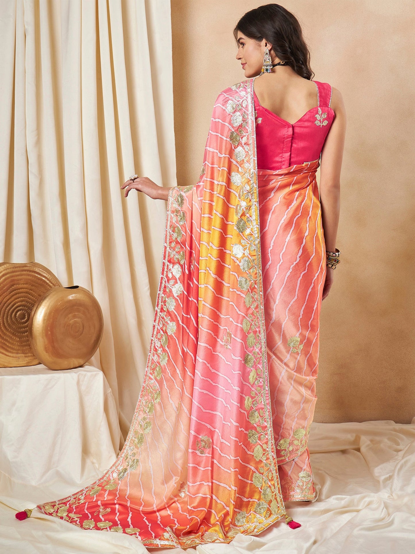 Women's Chiffon Orange Embroidered Designer Saree With Blouse Piece