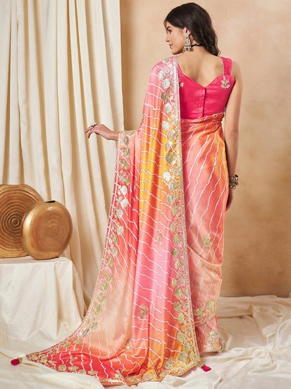 Women's Chiffon Orange Embroidered Designer Saree With Blouse Piece