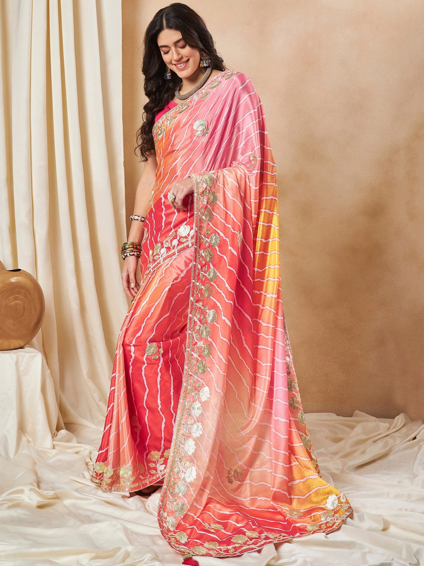 Women's Chiffon Orange Embroidered Designer Saree With Blouse Piece
