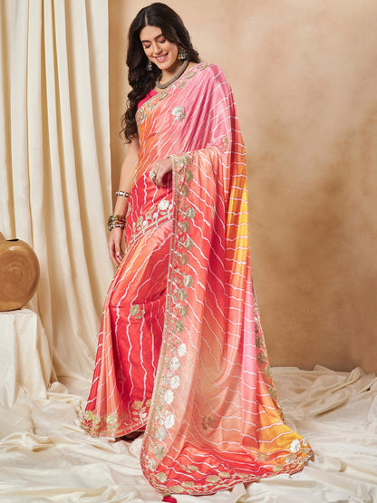 Women's Chiffon Orange Embroidered Designer Saree With Blouse Piece