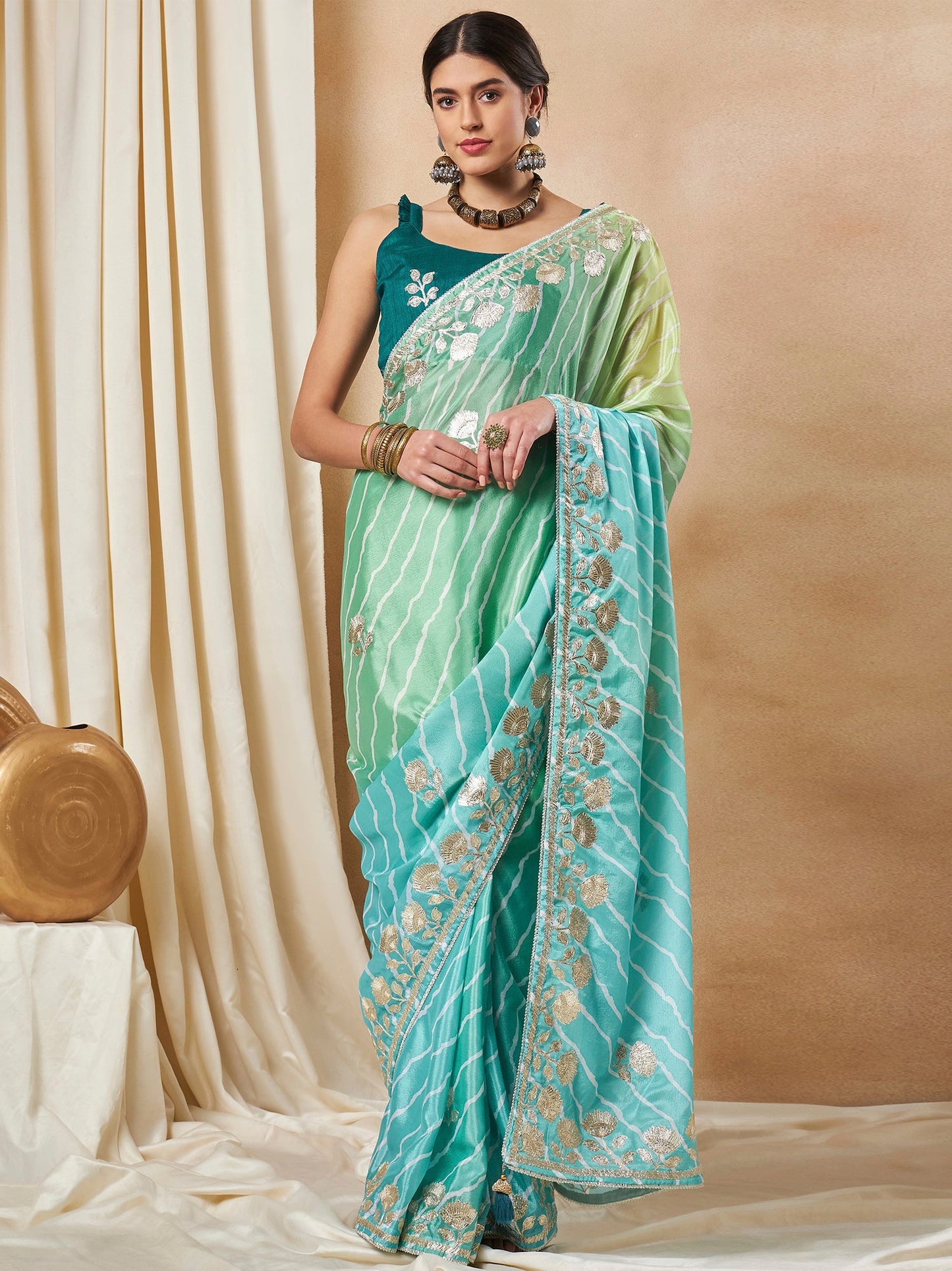 Women's Chiffon Light Blue Embroidered Designer Saree With Blouse Piece
