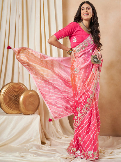 Women's Chiffon Pink Embroidered Designer Saree With Blouse Piece