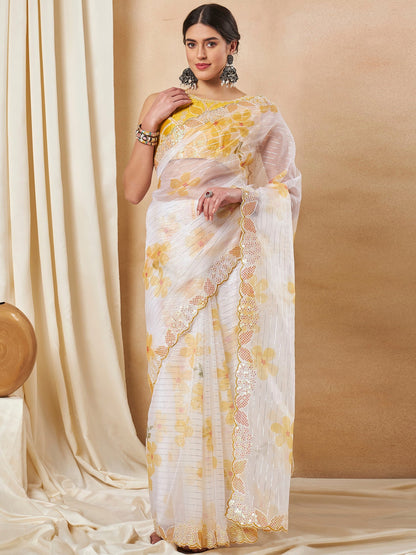 Women's Organza Yellow Embellished Designer Saree With Blouse Piece