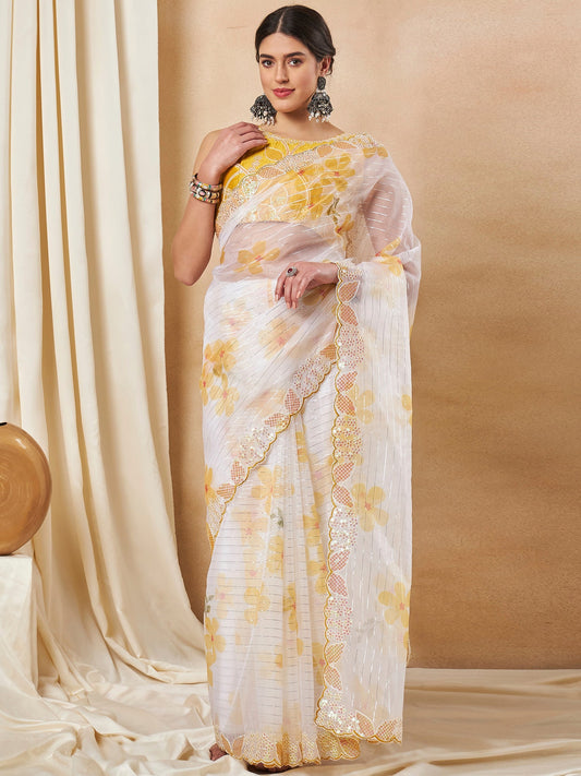Women's Organza Yellow Embellished Designer Saree With Blouse Piece