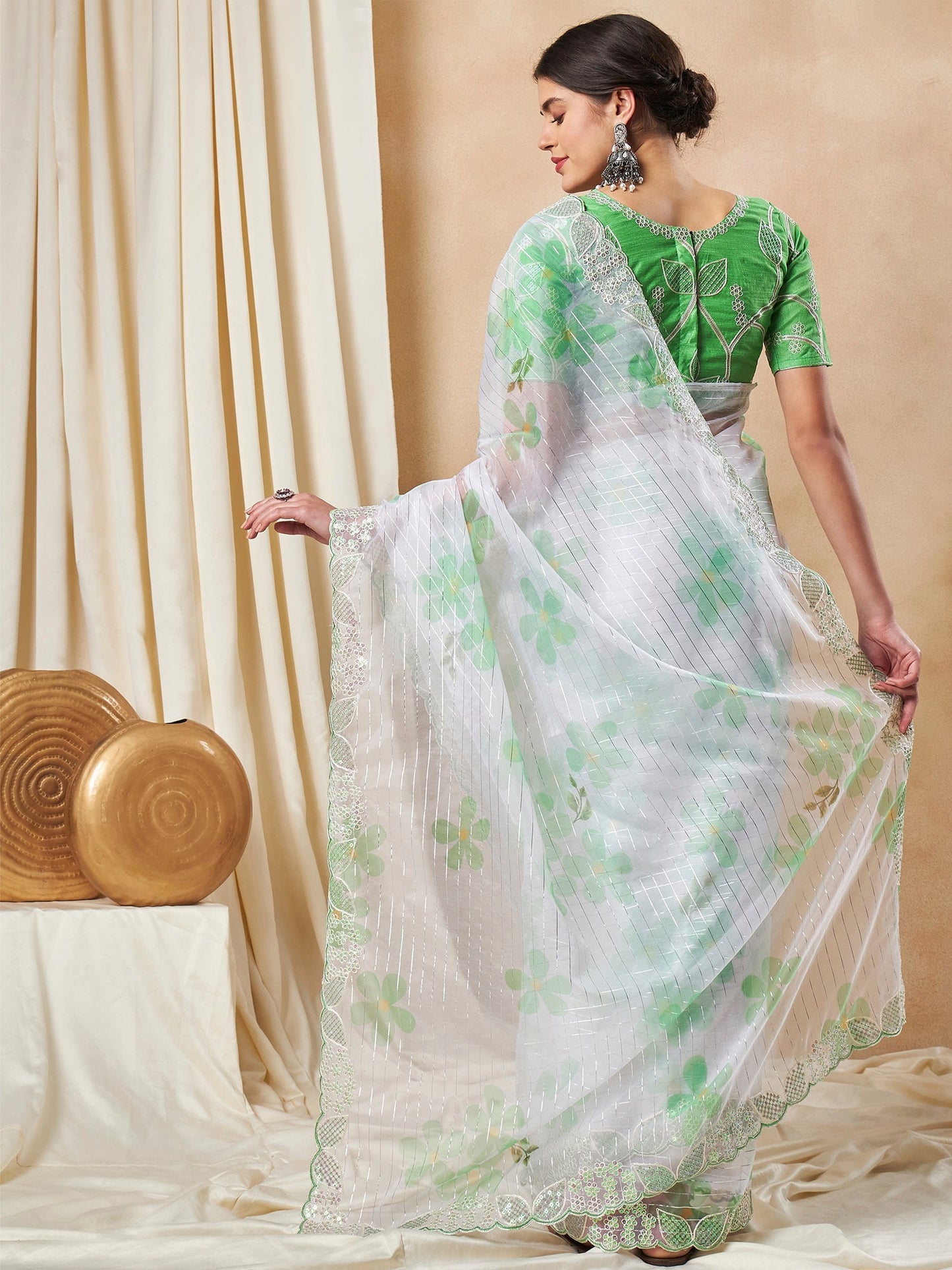 Women's Organza Light Green Embellished Designer Saree With Blouse Piece