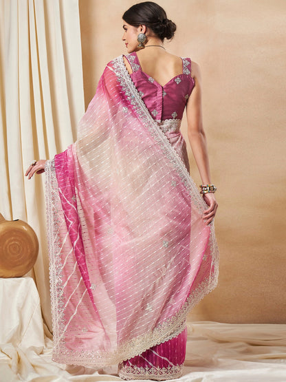 Women's Net Pink Embellished Designer Saree With Blouse Piece