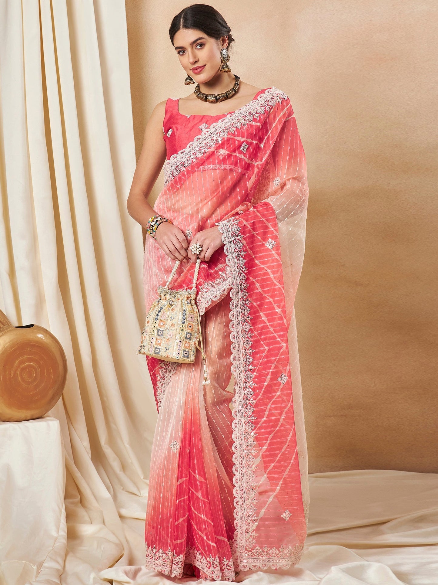 Women's Net Red Embellished Designer Saree With Blouse Piece