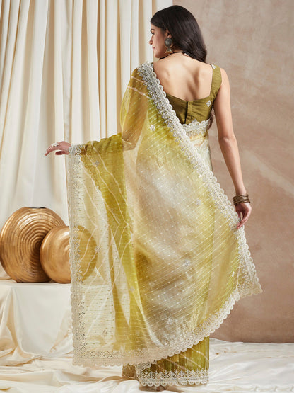 Women's Net Olive Embellished Designer Saree With Blouse Piece