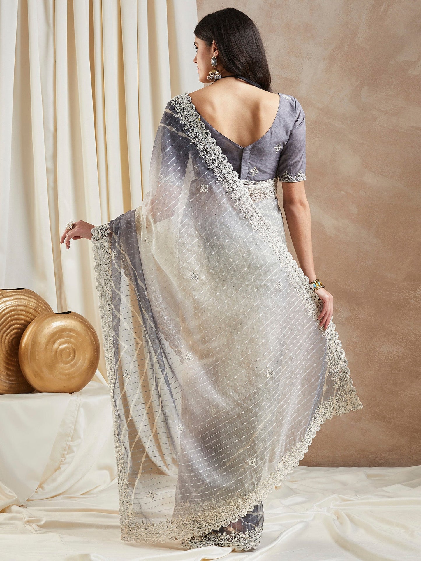 Women's Net Grey Embellished Designer Saree With Blouse Piece
