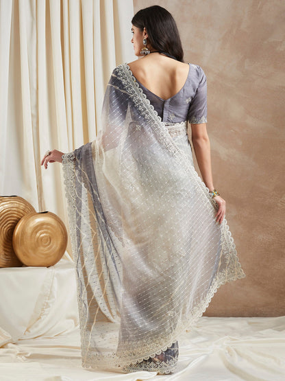 Women's Net Grey Embellished Designer Saree With Blouse Piece