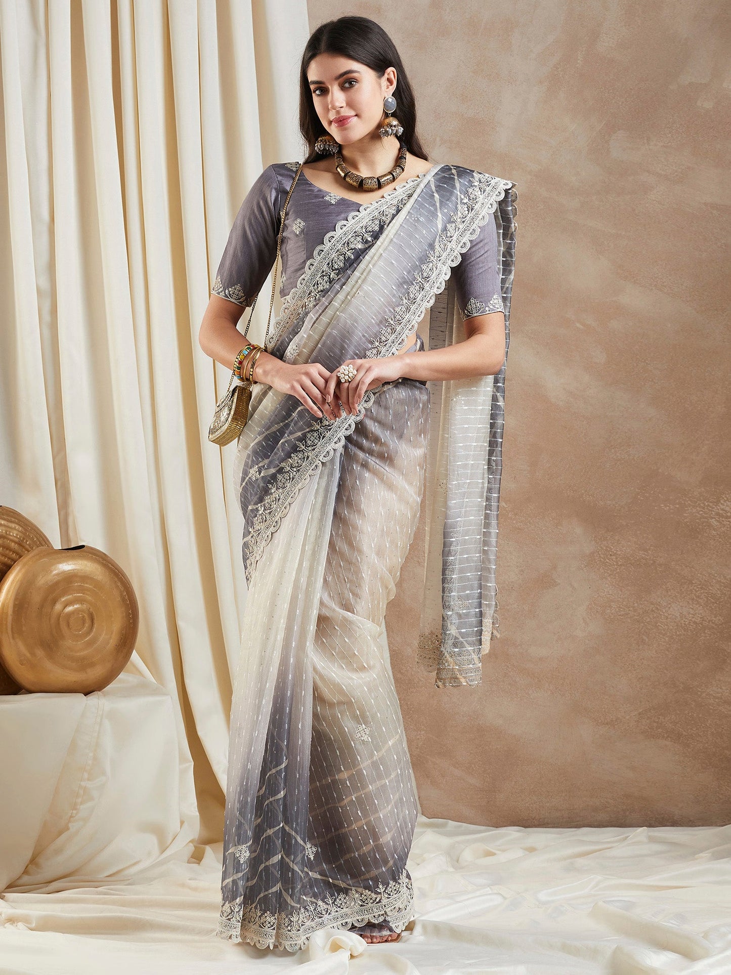 Women's Net Grey Embellished Designer Saree With Blouse Piece