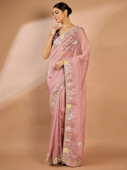 Women's Organza Mauve Embellished Designer Saree With Blouse Piece