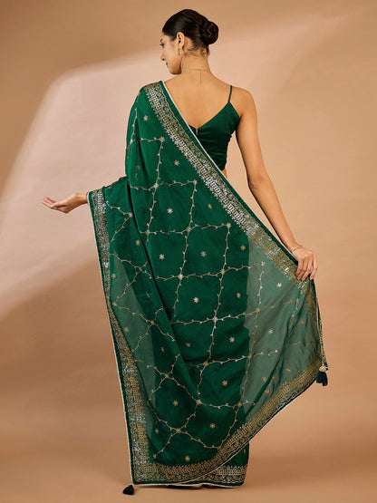 Women's Organza Green Embellished Designer Saree With Blouse Piece
