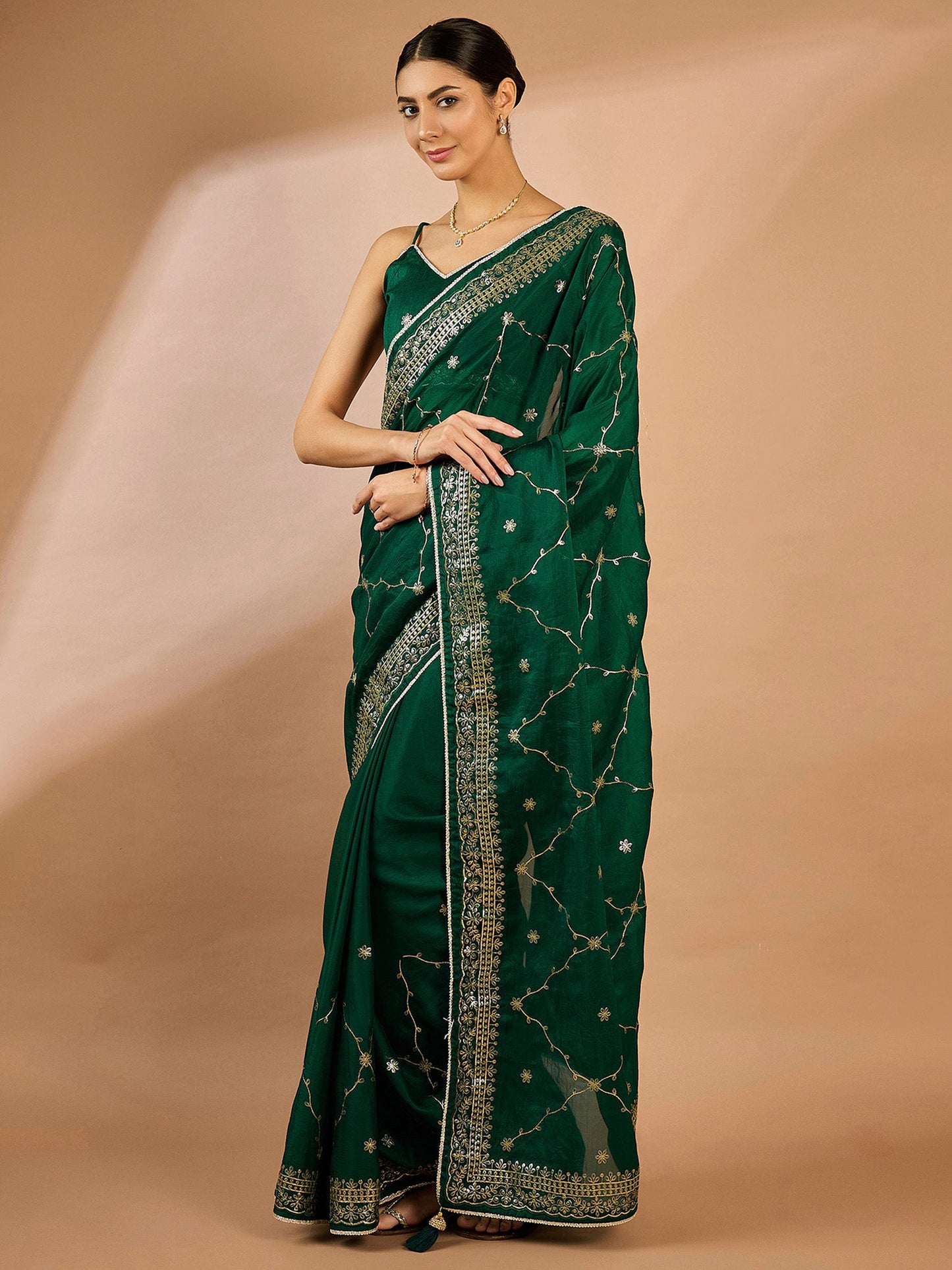 Women's Organza Green Embellished Designer Saree With Blouse Piece