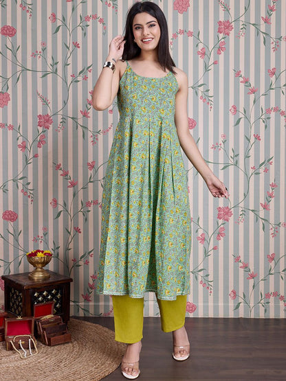 Dhiyona OD  Floral Printed Shoulder Straps Pure Cotton Anarkali Kurta