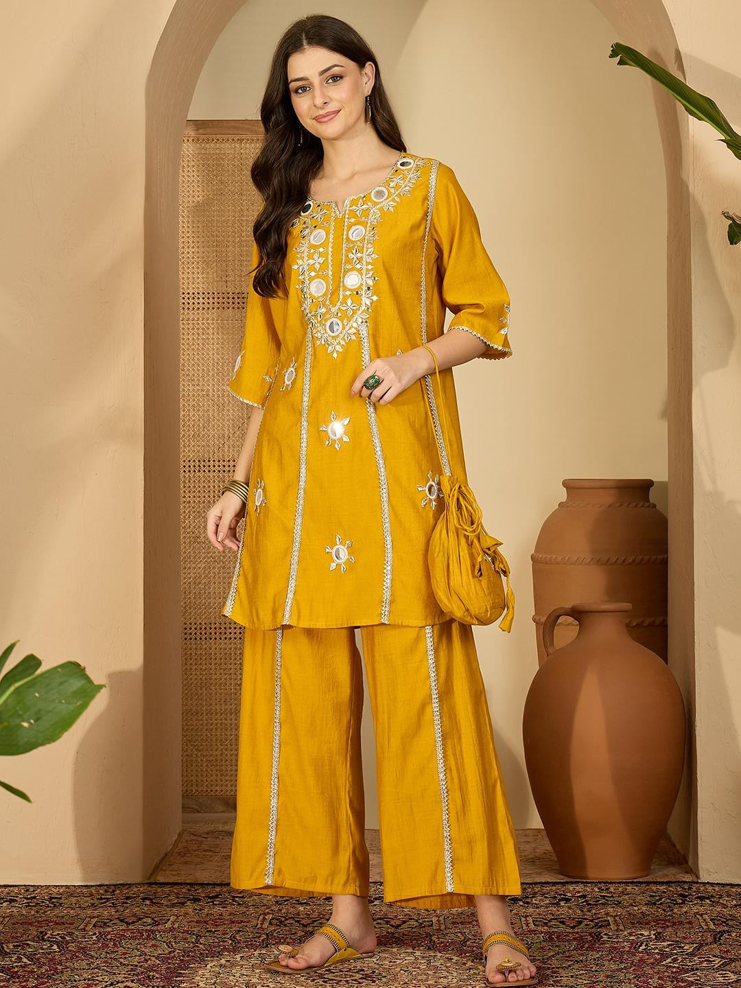 Women Floral Embroidered Regular Mirror Work Kurta with Palazzos