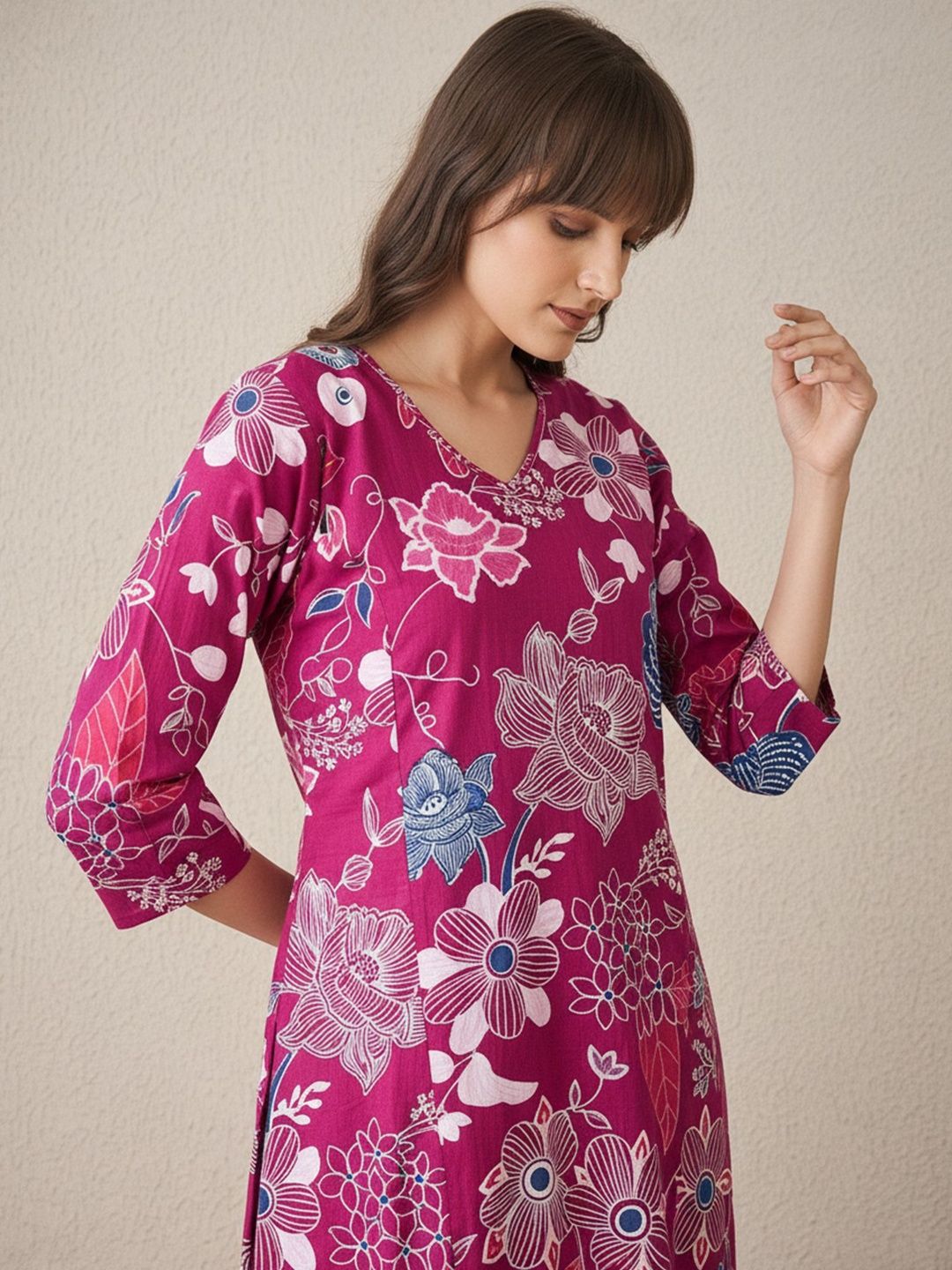 Dhiyona IE Floral Printed V-Neck Pure Cotton A-Line Kurta With Trouser