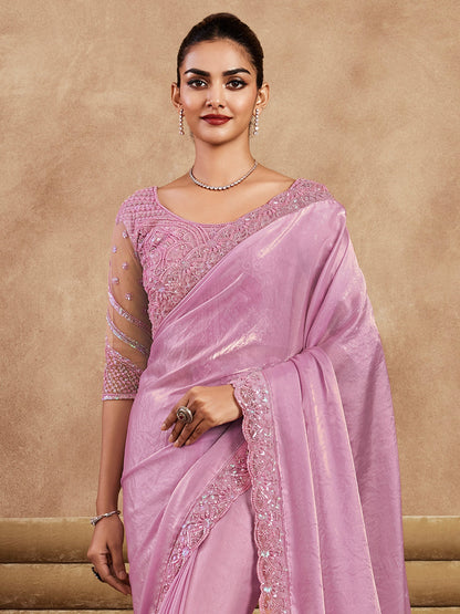 Women's Satin Silk Pink Embellished Designer Saree With Blouse Piece