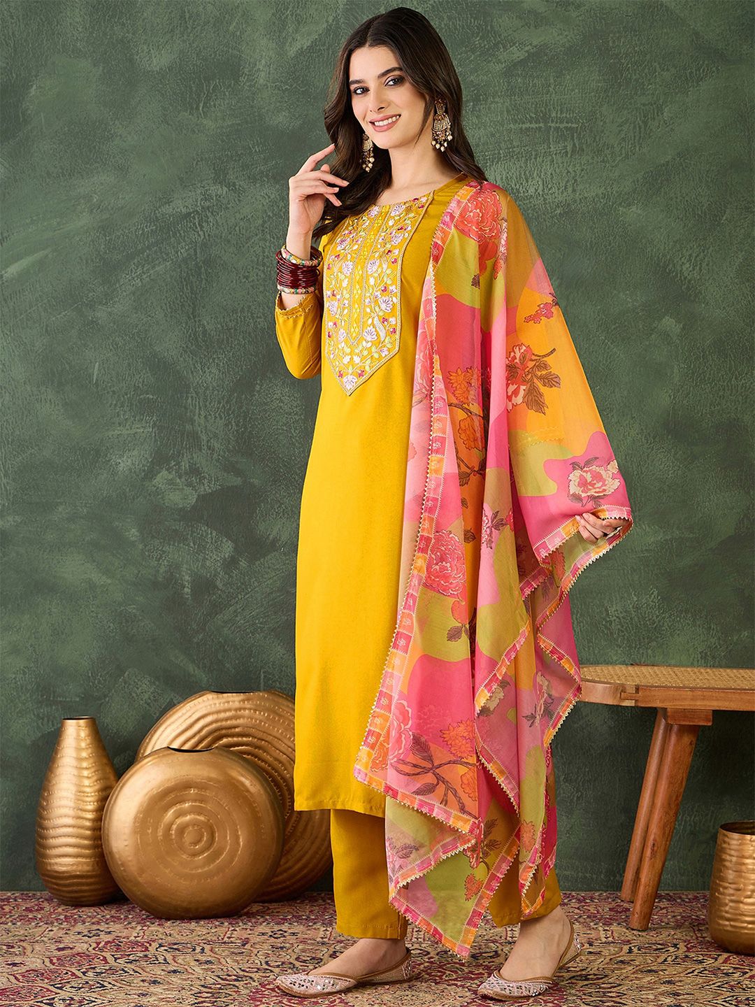 Dhiyona KL Floral Embroidered Straight Kurta With Trousers & Dupatta