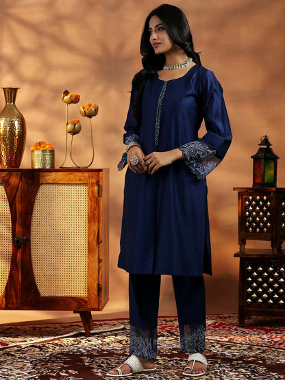 Women's LB Blue Yoke Design Silk Blend Straight Suit With Dupatta